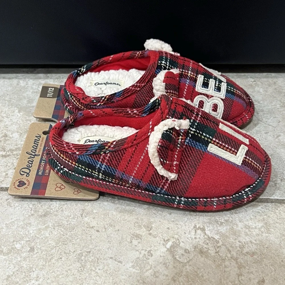 Dearfoams LIL BEAR Slippers Size 11-12 Blue White Red Plaid Child's Kid's‎ NEW